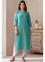 Cotton Sky Blue Cotton Thread Work Readymade Kurti With Bottom